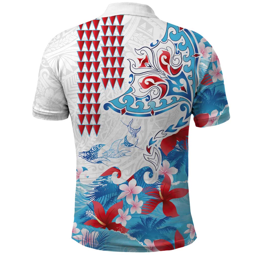 Hawaiian Tribal Manta Ray Polo Shirt Kakau Tattoo and Flowers Surfing Waves Pattern Ocean Color