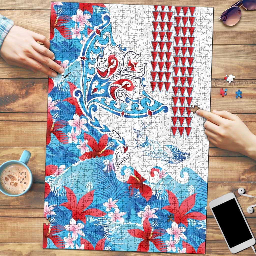 Hawaiian Tribal Manta Ray Puzzle Kakau Tattoo and Flowers Surfing Waves Pattern Ocean Color