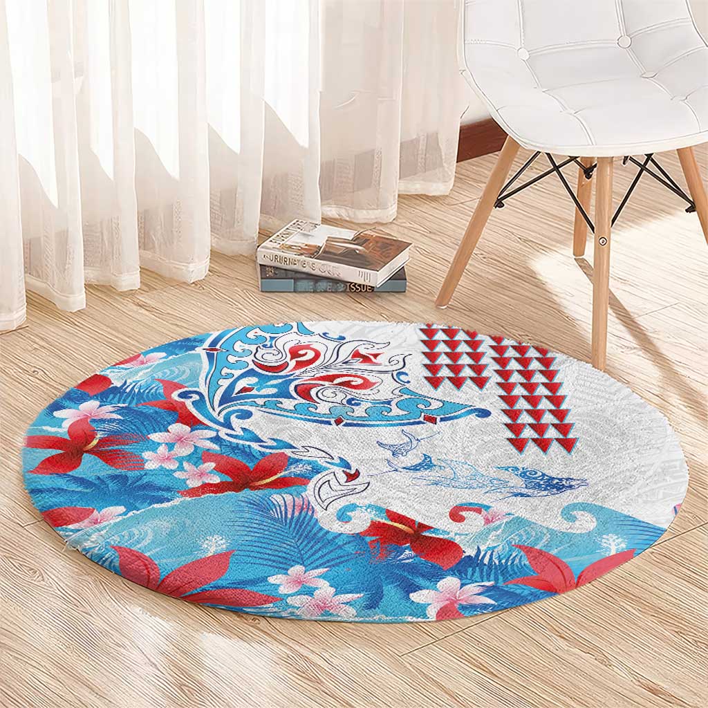 Hawaiian Tribal Manta Ray Round Carpet Kakau Tattoo and Flowers Surfing Waves Pattern Ocean Color