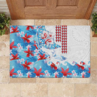 Hawaiian Tribal Manta Ray Rubber Doormat Kakau Tattoo and Flowers Surfing Waves Pattern Ocean Color LT03 Multicolor - Polynesian Pride