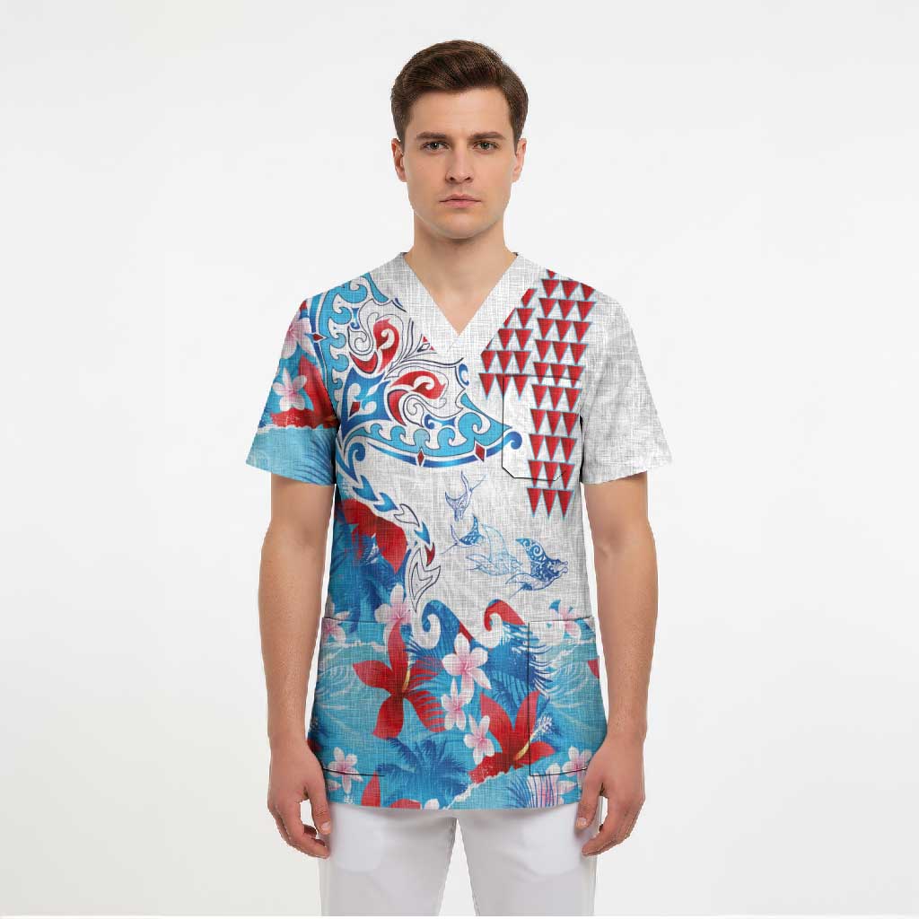 Hawaiian Tribal Manta Ray Scrub Top Kakau Tattoo and Flowers Surfing Waves Pattern Ocean Color