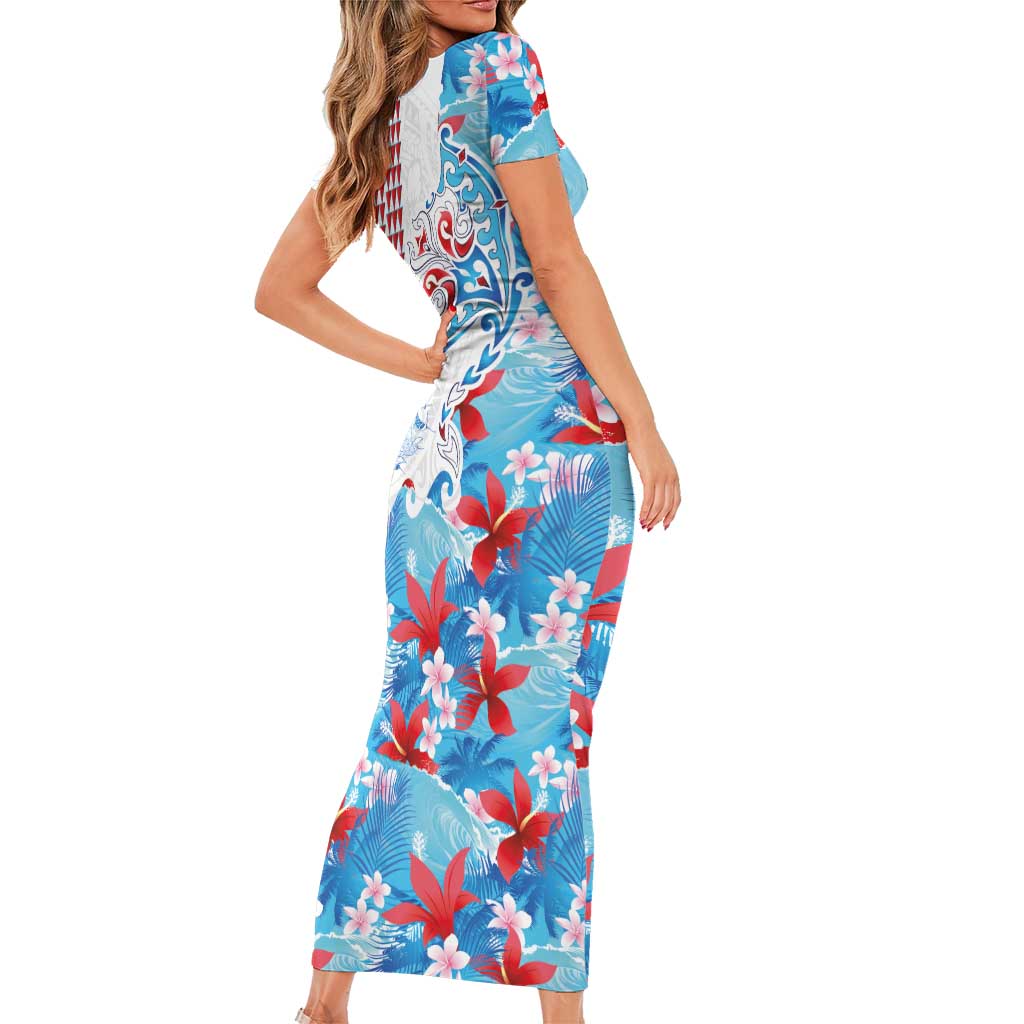 Hawaiian Tribal Manta Ray Short Sleeve Bodycon Dress Kakau Tattoo and Flowers Surfing Waves Pattern Ocean Color LT03 - Polynesian Pride