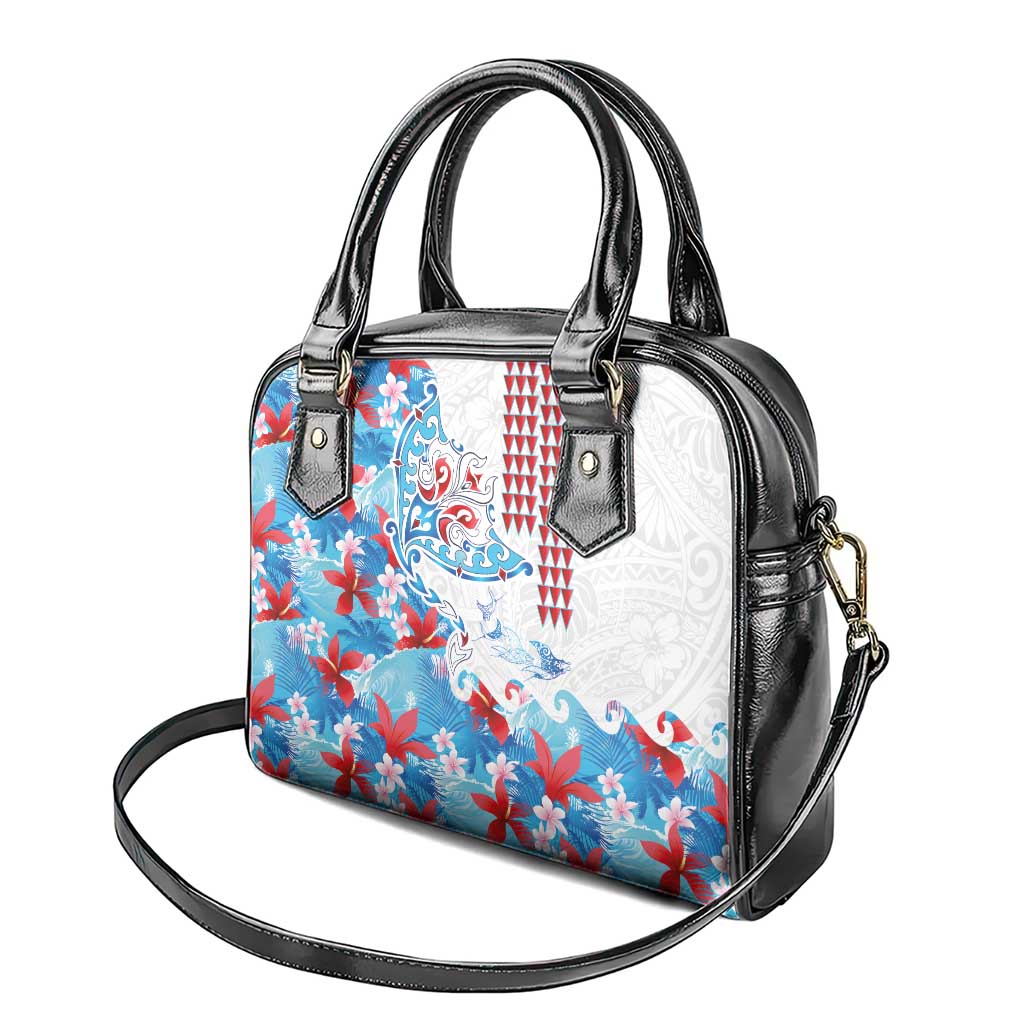 Hawaiian Tribal Manta Ray Shoulder Handbag Kakau Tattoo and Flowers Surfing Waves Pattern Ocean Color