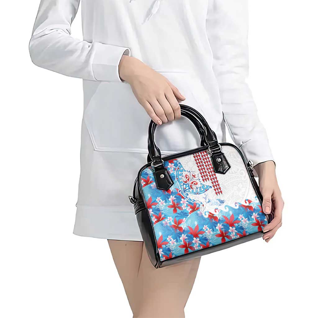 Hawaiian Tribal Manta Ray Shoulder Handbag Kakau Tattoo and Flowers Surfing Waves Pattern Ocean Color