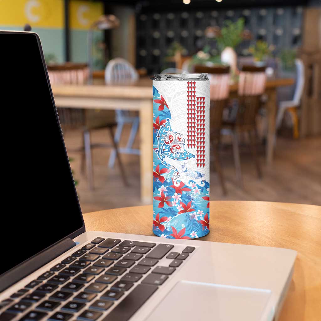 Hawaiian Tribal Manta Ray Skinny Tumbler Kakau Tattoo and Flowers Surfing Waves Pattern Ocean Color LT03 - Polynesian Pride