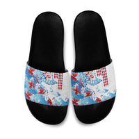 Hawaiian Tribal Manta Ray Slide Sandals Kakau Tattoo and Flowers Surfing Waves Pattern Ocean Color