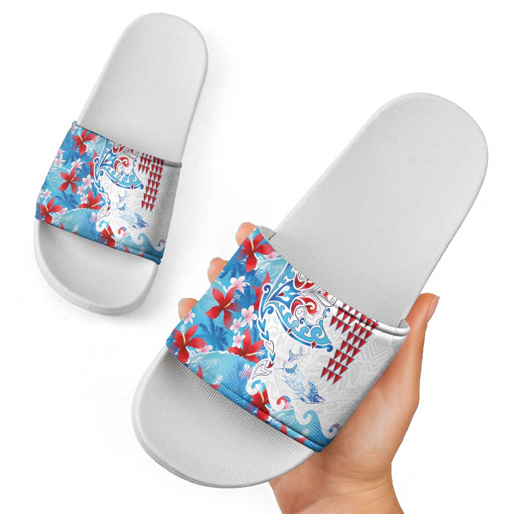 Hawaiian Tribal Manta Ray Slide Sandals Kakau Tattoo and Flowers Surfing Waves Pattern Ocean Color