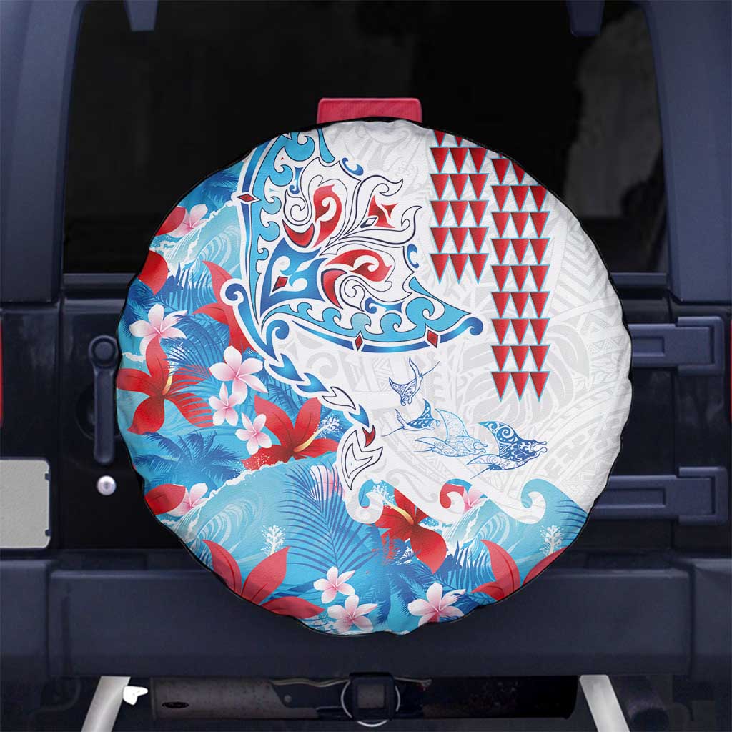 Hawaiian Tribal Manta Ray Spare Tire Cover Kakau Tattoo and Flowers Surfing Waves Pattern Ocean Color