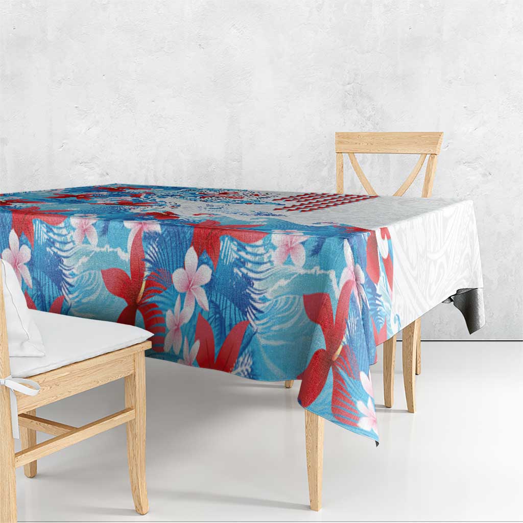 Hawaiian Tribal Manta Ray Tablecloth Kakau Tattoo and Flowers Surfing Waves Pattern Ocean Color