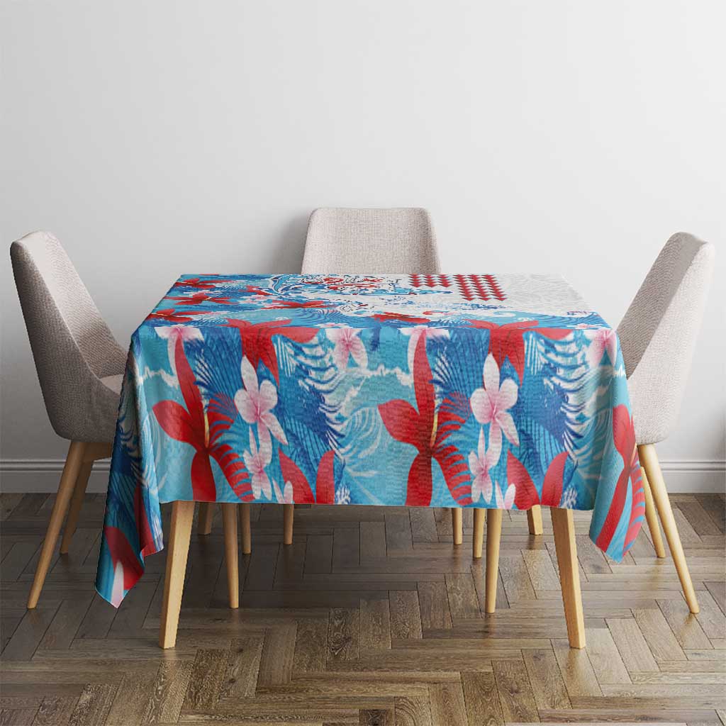 Hawaiian Tribal Manta Ray Tablecloth Kakau Tattoo and Flowers Surfing Waves Pattern Ocean Color
