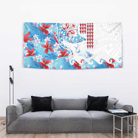Hawaiian Tribal Manta Ray Tapestry Kakau Tattoo and Flowers Surfing Waves Pattern Ocean Color