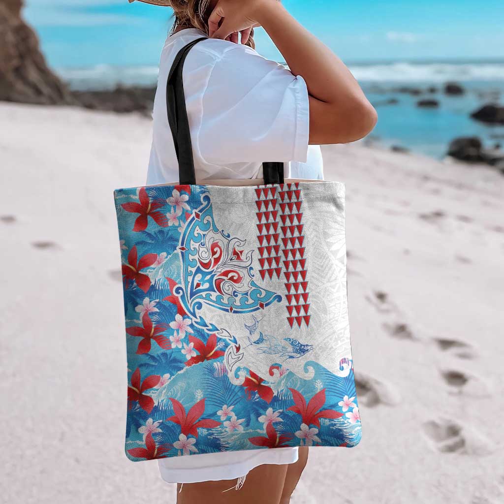Hawaiian Tribal Manta Ray Tote Bag Kakau Tattoo and Flowers Surfing Waves Pattern Ocean Color