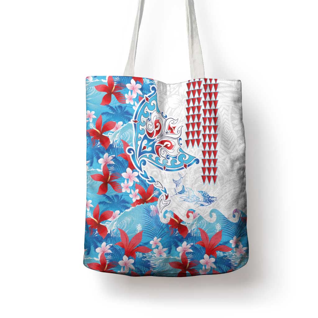 Hawaiian Tribal Manta Ray Tote Bag Kakau Tattoo and Flowers Surfing Waves Pattern Ocean Color