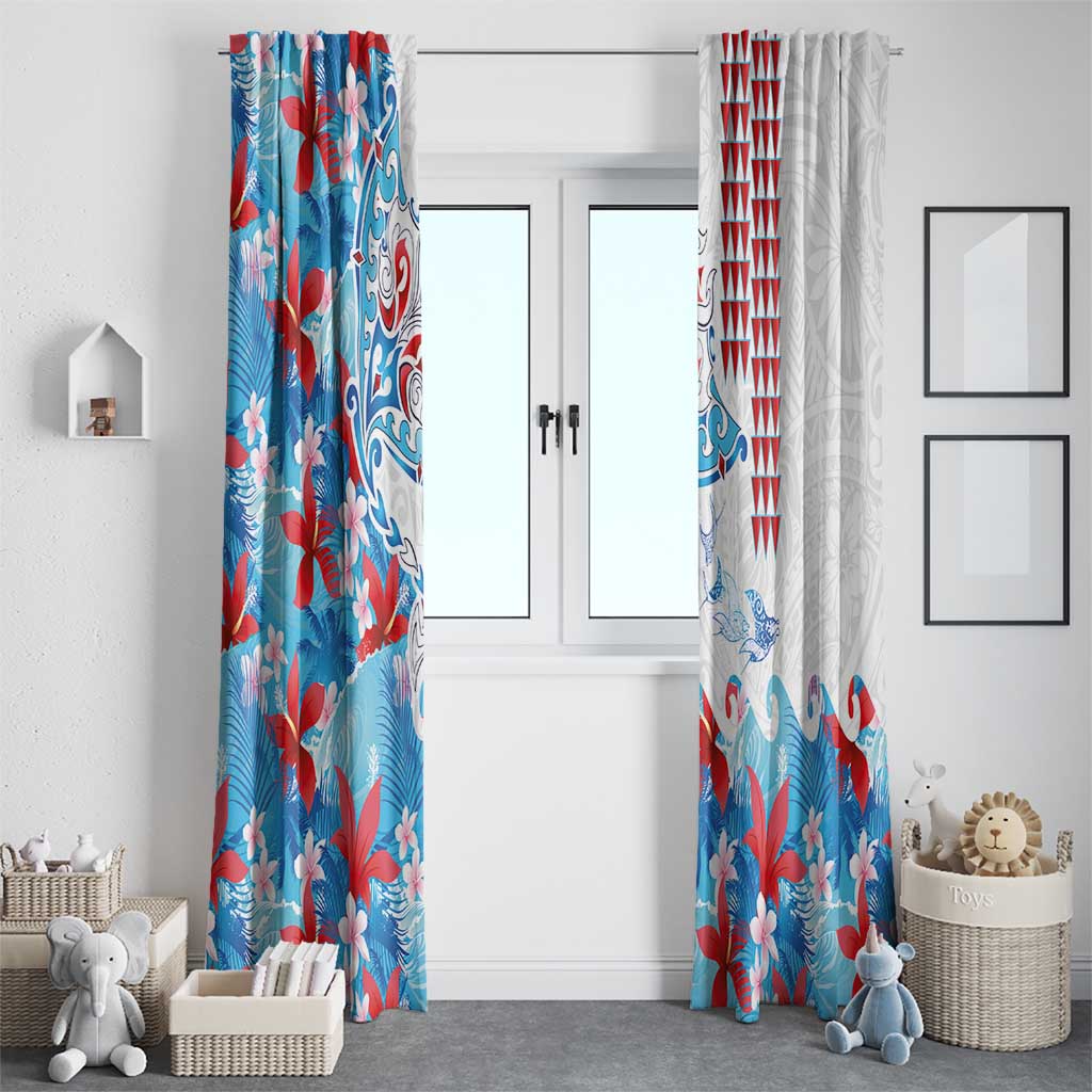 Hawaiian Tribal Manta Ray Window Curtain Kakau Tattoo and Flowers Surfing Waves Pattern Ocean Color
