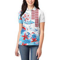 Hawaiian Tribal Manta Ray Women Polo Shirt Kakau Tattoo and Flowers Surfing Waves Pattern Ocean Color LT03 - Polynesian Pride