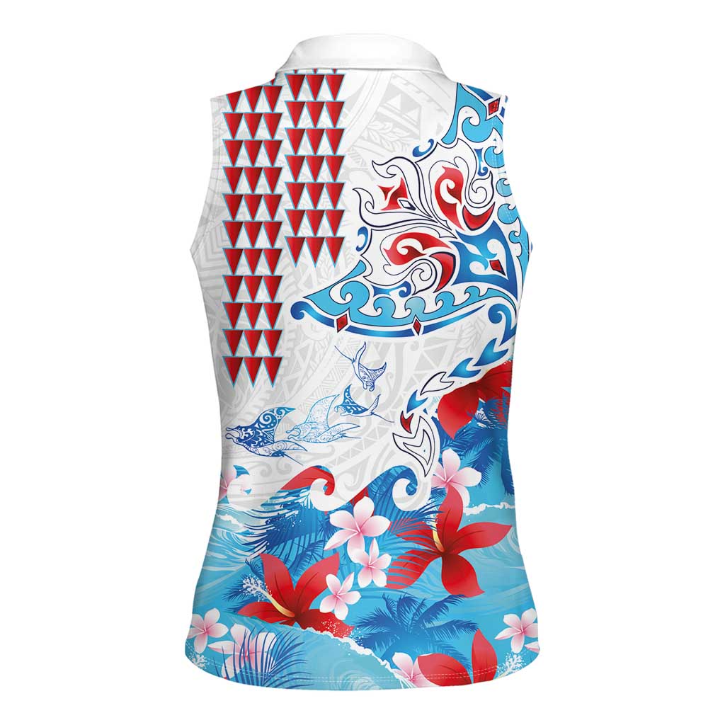 Hawaiian Tribal Manta Ray Women Sleeveless Polo Shirt Kakau Tattoo and Flowers Surfing Waves Pattern Ocean Color LT03 - Polynesian Pride