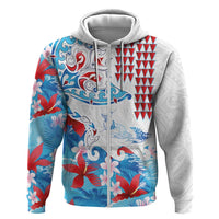 Hawaiian Tribal Manta Ray Zip Hoodie Kakau Tattoo and Flowers Surfing Waves Pattern Ocean Color