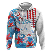 Hawaiian Tribal Manta Ray Zip Hoodie Kakau Tattoo and Flowers Surfing Waves Pattern Ocean Color