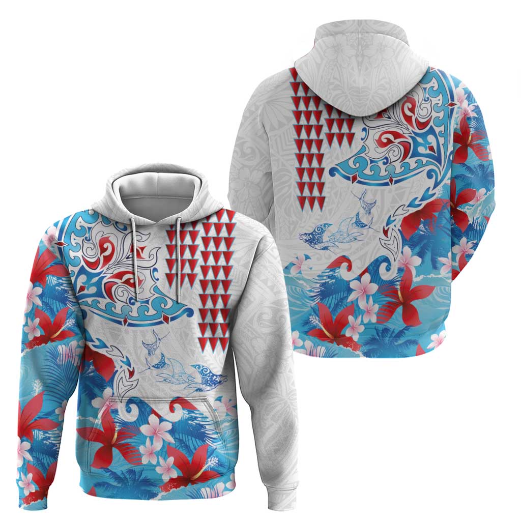 Hawaiian Tribal Manta Ray Zip Hoodie Kakau Tattoo and Flowers Surfing Waves Pattern Ocean Color