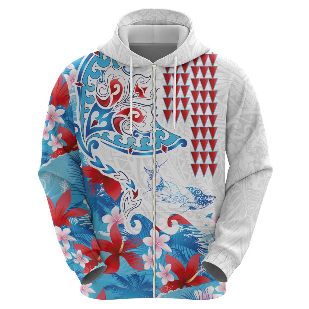 Hawaiian Tribal Manta Ray Zip Hoodie Kakau Tattoo and Flowers Surfing Waves Pattern Ocean Color