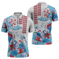 Hawaiian Tribal Manta Ray Zipper Polo Shirt Kakau Tattoo and Flowers Surfing Waves Pattern Ocean Color LT03 - Polynesian Pride