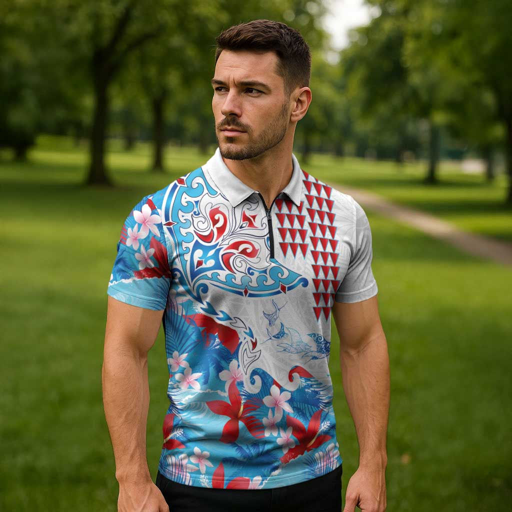 Hawaiian Tribal Manta Ray Zipper Polo Shirt Kakau Tattoo and Flowers Surfing Waves Pattern Ocean Color LT03 - Polynesian Pride