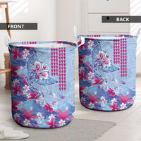 Hawaiian Tribal Manta Ray Laundry Basket Kakau Tattoo and Flowers Surfing Waves Pattern Soft Color