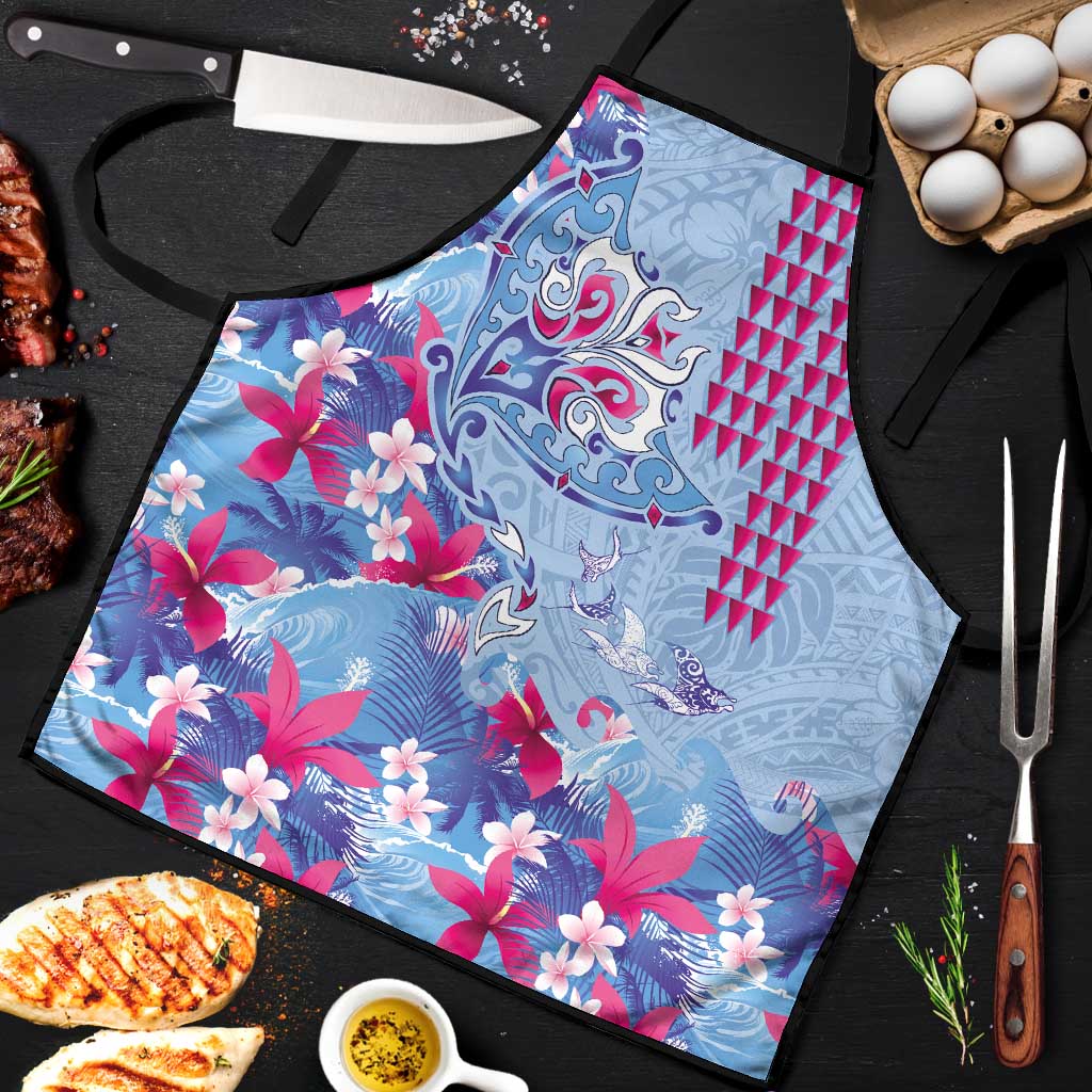 Hawaiian Tribal Manta Ray Apron Kakau Tattoo and Flowers Surfing Waves Pattern Soft Color