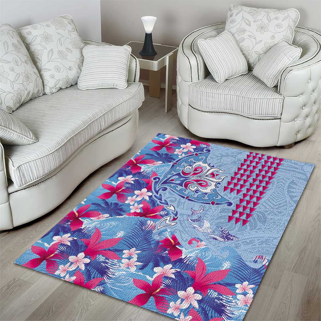 Hawaiian Tribal Manta Ray Area Rug Kakau Tattoo and Flowers Surfing Waves Pattern Soft Color
