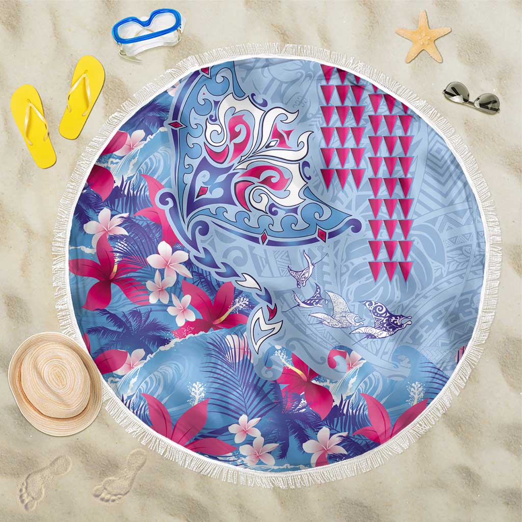Hawaiian Tribal Manta Ray Beach Blanket Kakau Tattoo and Flowers Surfing Waves Pattern Soft Color