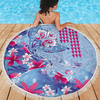 Hawaiian Tribal Manta Ray Beach Blanket Kakau Tattoo and Flowers Surfing Waves Pattern Soft Color