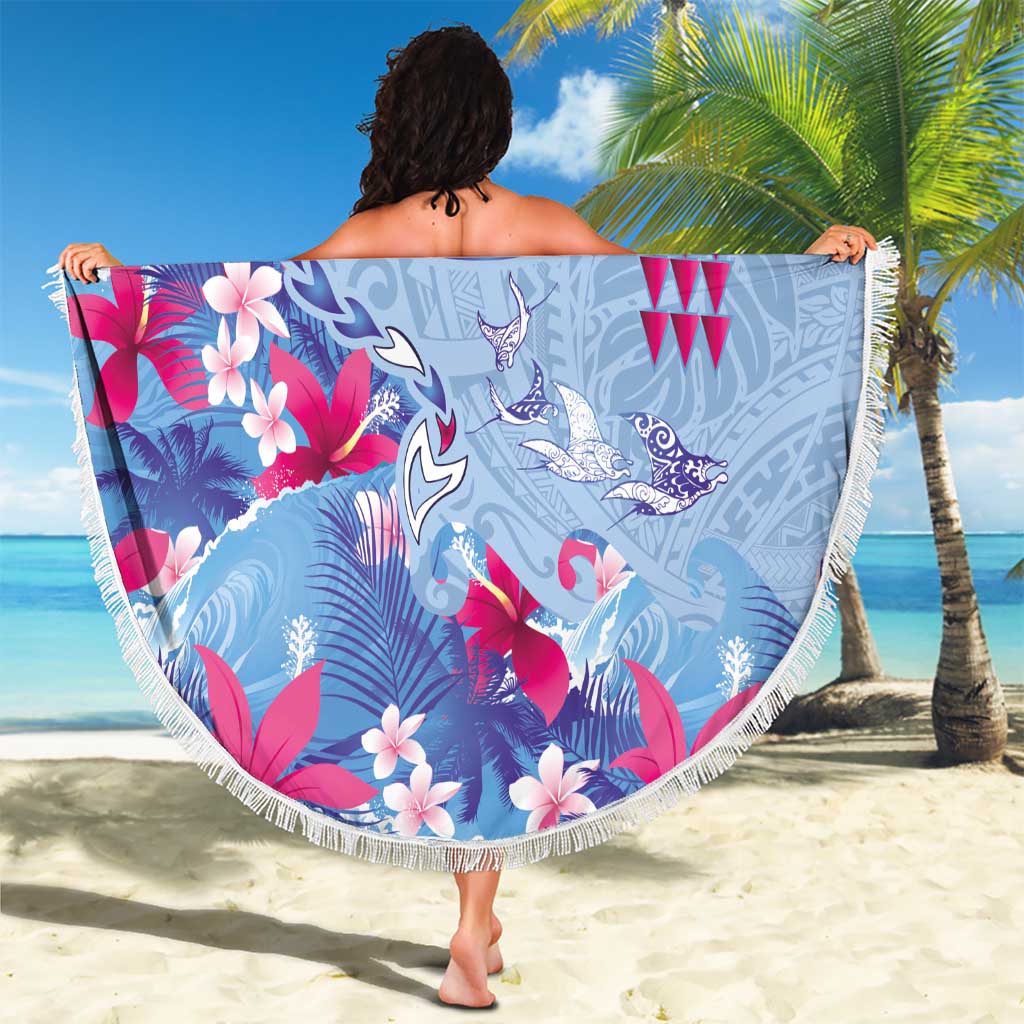 Hawaiian Tribal Manta Ray Beach Blanket Kakau Tattoo and Flowers Surfing Waves Pattern Soft Color