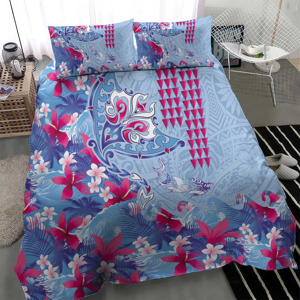 Hawaiian Tribal Manta Ray Bedding Set Kakau Tattoo and Flowers Surfing Waves Pattern Soft Color