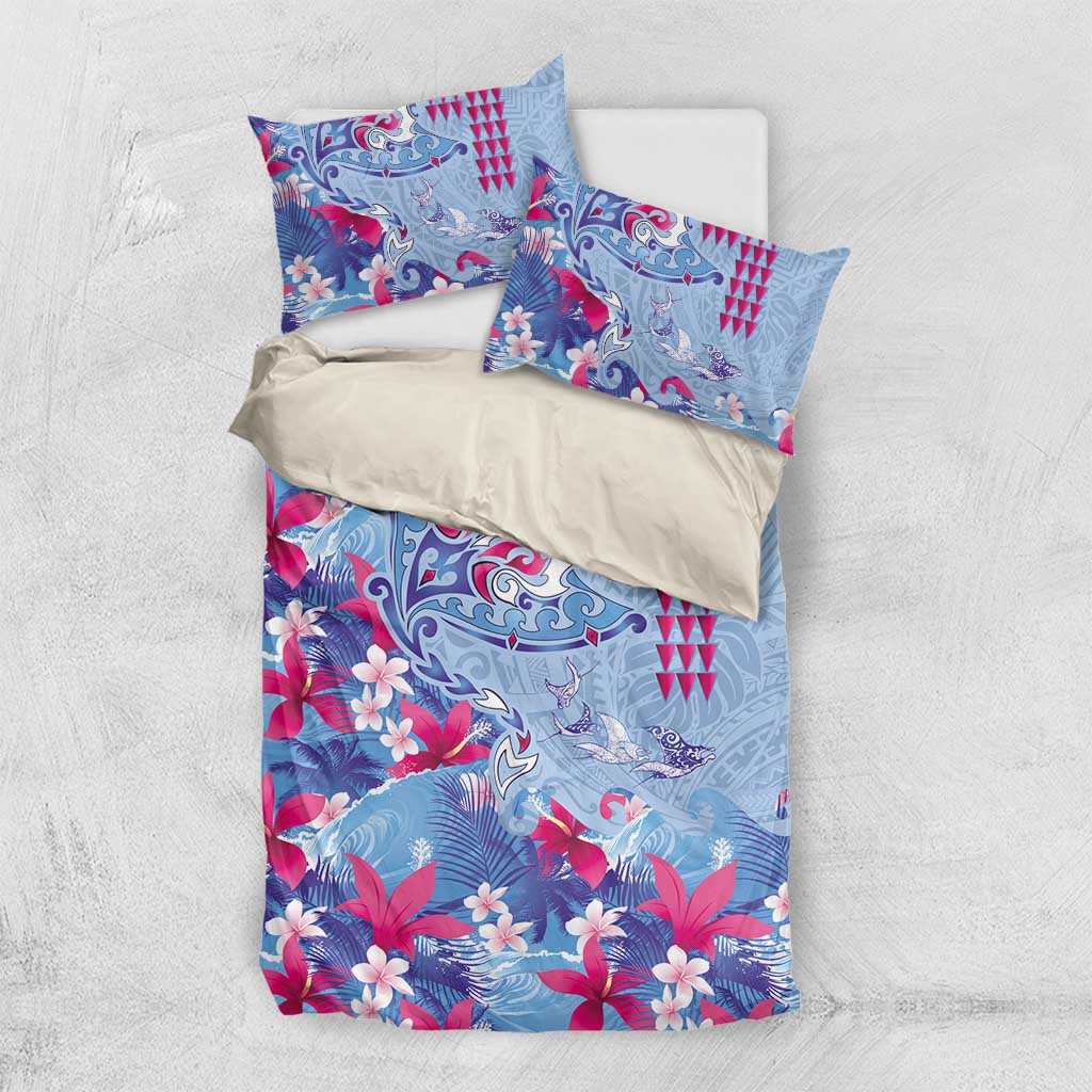 Hawaiian Tribal Manta Ray Bedding Set Kakau Tattoo and Flowers Surfing Waves Pattern Soft Color