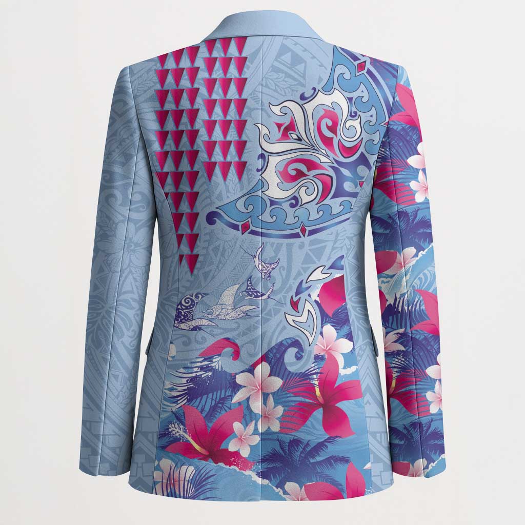 Hawaiian Tribal Manta Ray Blazer Kakau Tattoo and Flowers Surfing Waves Pattern Soft Color
