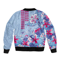 Hawaiian Tribal Manta Ray Bomber Jacket Kakau Tattoo and Flowers Surfing Waves Pattern Soft Color