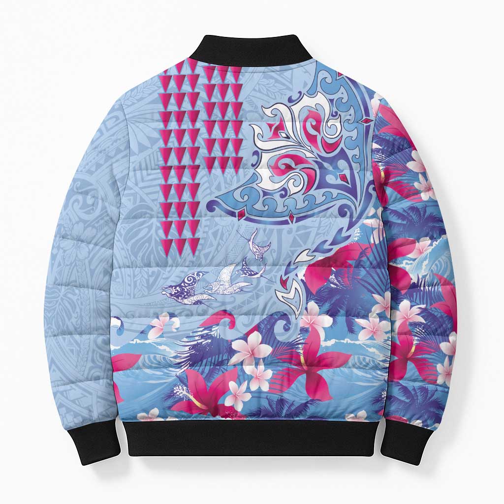 Hawaiian Tribal Manta Ray Bomber Puffer Jacket Kakau Tattoo and Flowers Surfing Waves Pattern Soft Color