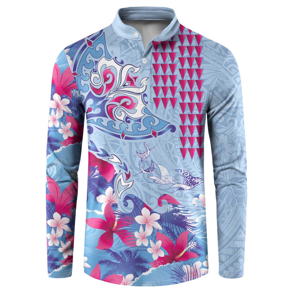 Hawaiian Tribal Manta Ray Button Sweatshirt Kakau Tattoo and Flowers Surfing Waves Pattern Soft Color