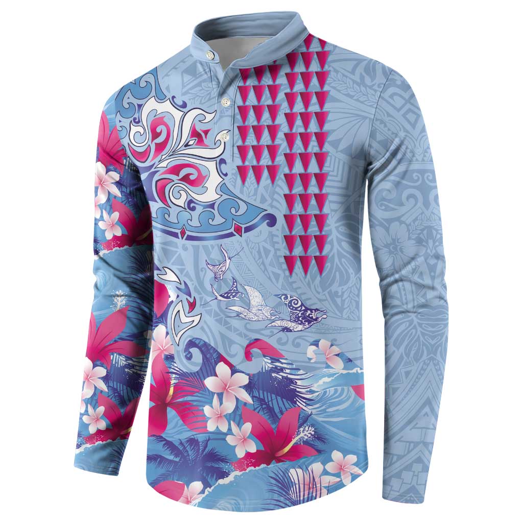 Hawaiian Tribal Manta Ray Button Sweatshirt Kakau Tattoo and Flowers Surfing Waves Pattern Soft Color