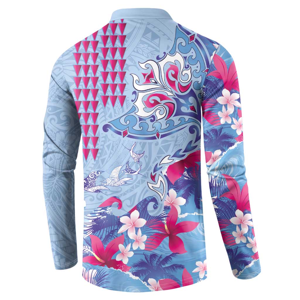 Hawaiian Tribal Manta Ray Button Sweatshirt Kakau Tattoo and Flowers Surfing Waves Pattern Soft Color