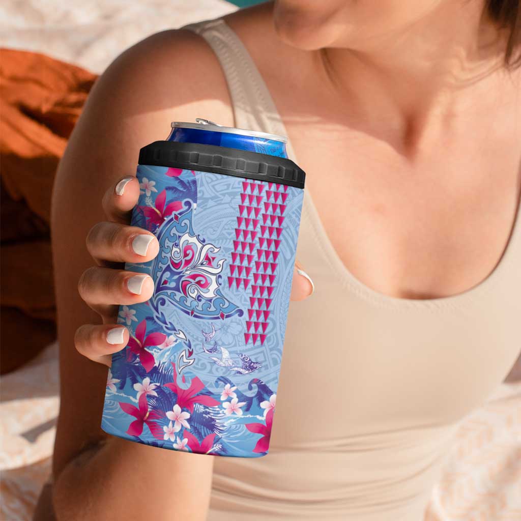 Hawaiian Tribal Manta Ray 4 in 1 Can Cooler Tumbler Kakau Tattoo and Flowers Surfing Waves Pattern Soft Color LT03 - Polynesian Pride