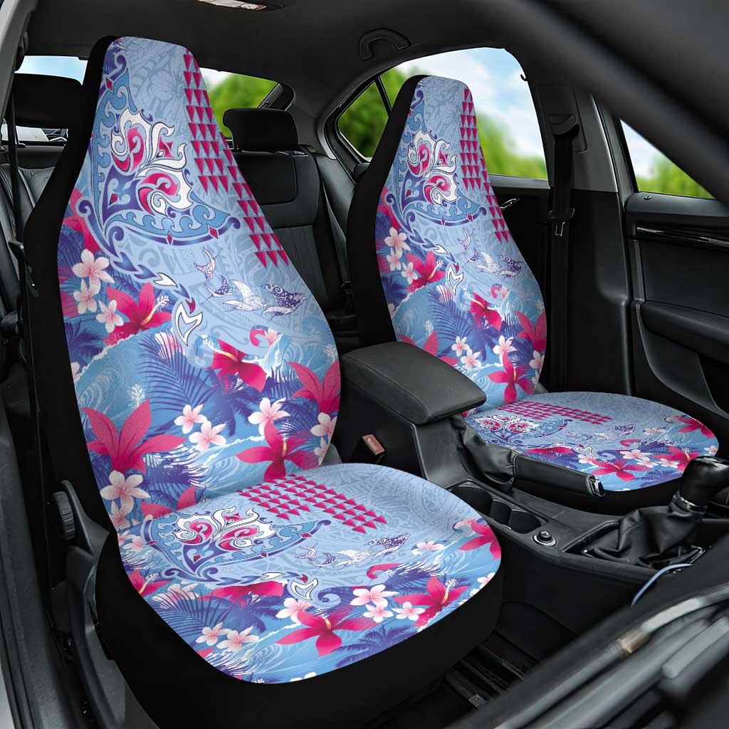Hawaiian Tribal Manta Ray Car Seat Cover Kakau Tattoo and Flowers Surfing Waves Pattern Soft Color