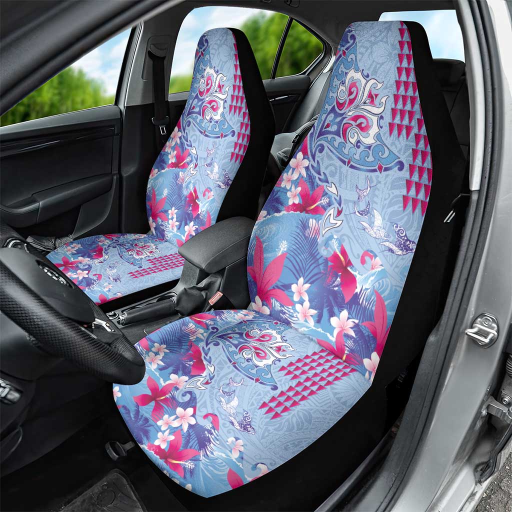 Hawaiian Tribal Manta Ray Car Seat Cover Kakau Tattoo and Flowers Surfing Waves Pattern Soft Color