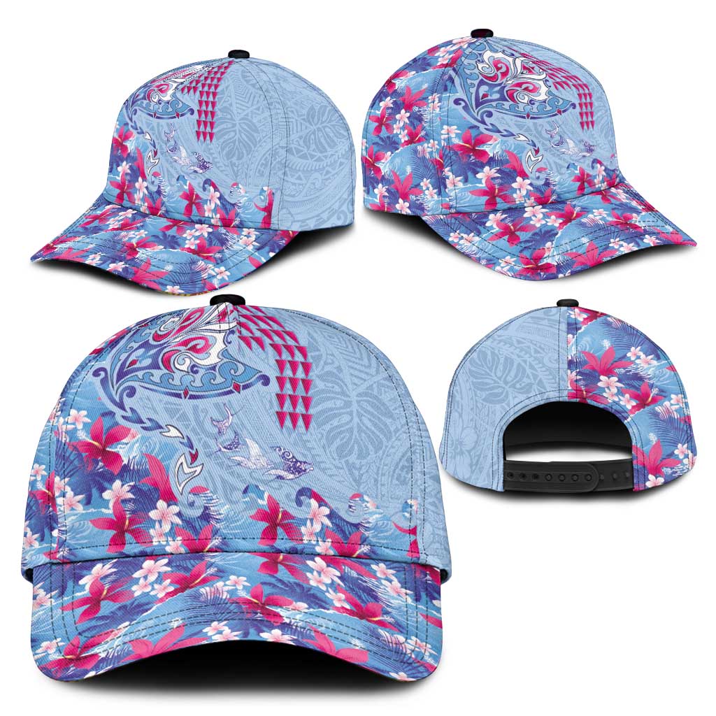 Hawaiian Tribal Manta Ray Classic Cap Kakau Tattoo and Flowers Surfing Waves Pattern Soft Color