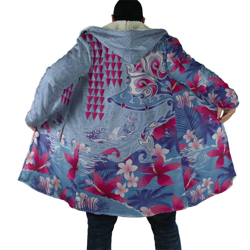 Hawaiian Tribal Manta Ray Cloak Kakau Tattoo and Flowers Surfing Waves Pattern Soft Color