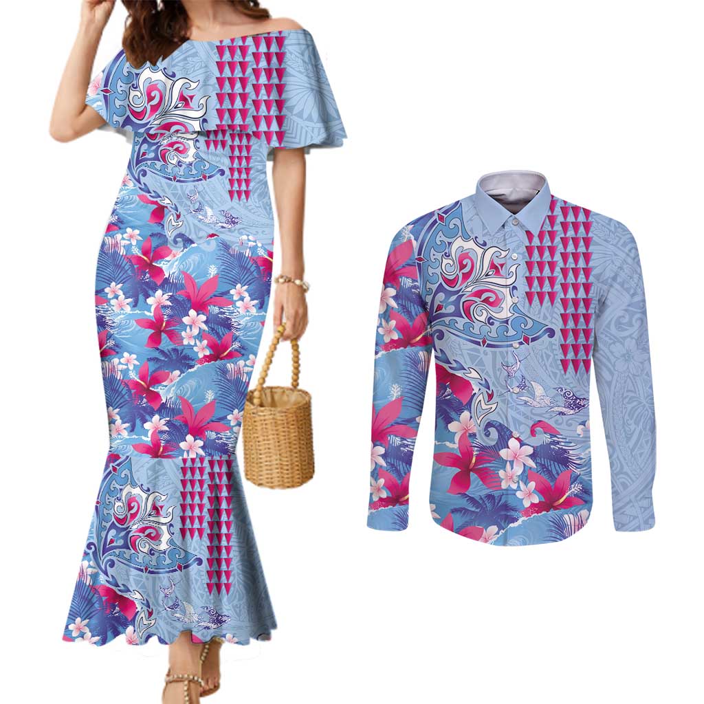 Hawaiian Tribal Manta Ray Couples Matching Mermaid Dress and Long Sleeve Button Shirt Kakau Tattoo and Flowers Surfing Waves Pattern Soft Color LT03 Multicolor - Polynesian Pride