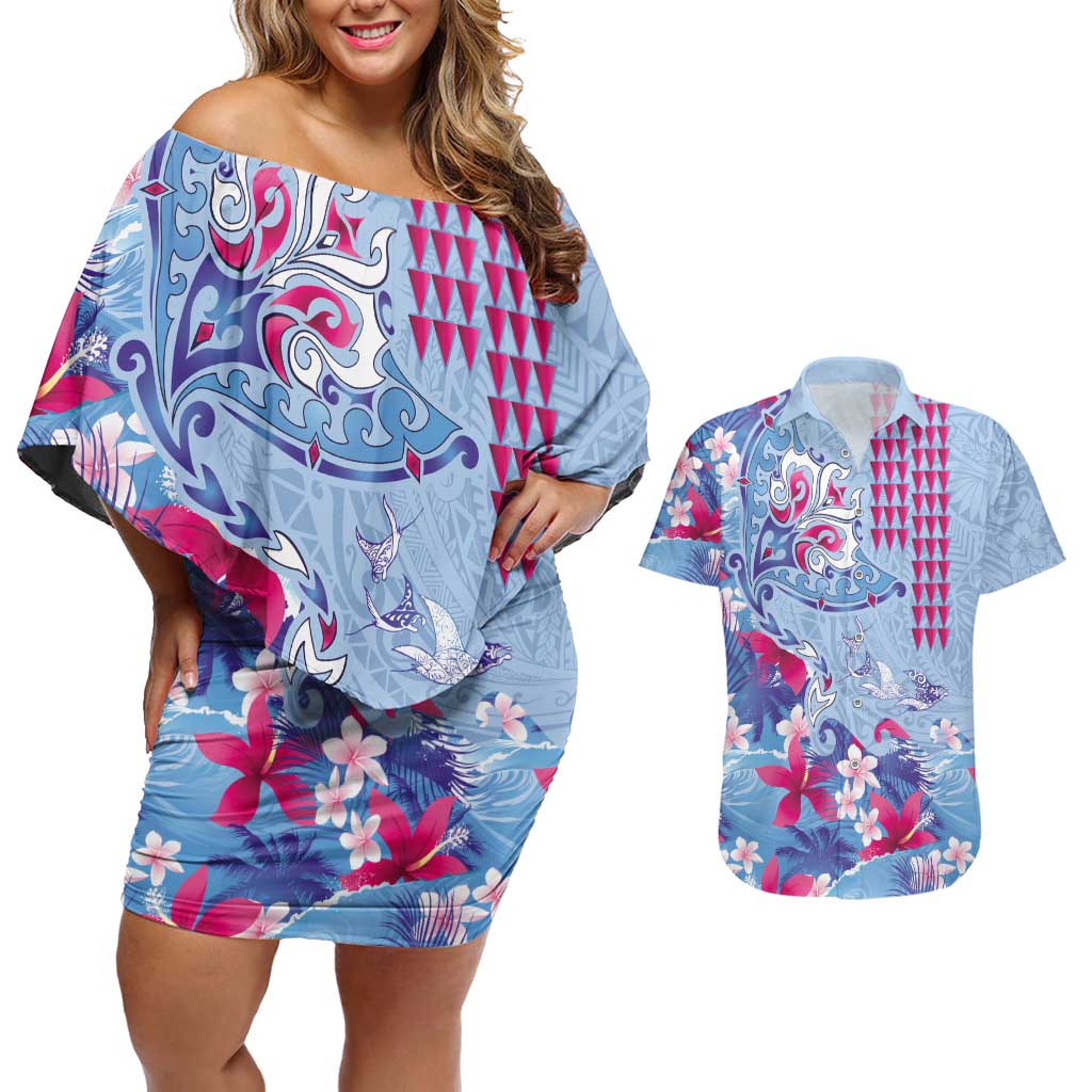 Hawaiian Tribal Manta Ray Couples Matching Off Shoulder Short Dress and Hawaiian Shirt Kakau Tattoo and Flowers Surfing Waves Pattern Soft Color LT03 Multicolor - Polynesian Pride