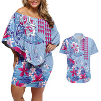Hawaiian Tribal Manta Ray Couples Matching Off Shoulder Short Dress and Hawaiian Shirt Kakau Tattoo and Flowers Surfing Waves Pattern Soft Color LT03 Multicolor - Polynesian Pride