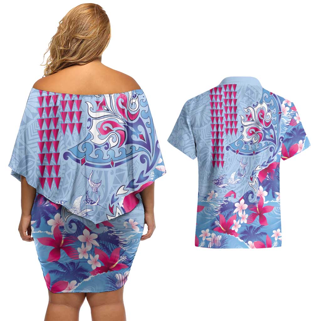 Hawaiian Tribal Manta Ray Couples Matching Off Shoulder Short Dress and Hawaiian Shirt Kakau Tattoo and Flowers Surfing Waves Pattern Soft Color LT03 - Polynesian Pride