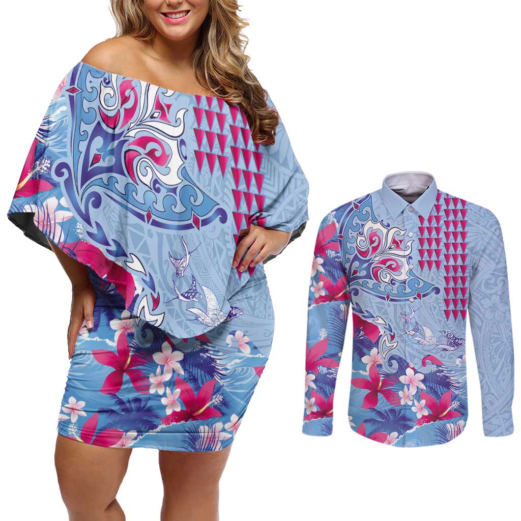Hawaiian Tribal Manta Ray Couples Matching Off Shoulder Short Dress and Long Sleeve Button Shirt Kakau Tattoo and Flowers Surfing Waves Pattern Soft Color